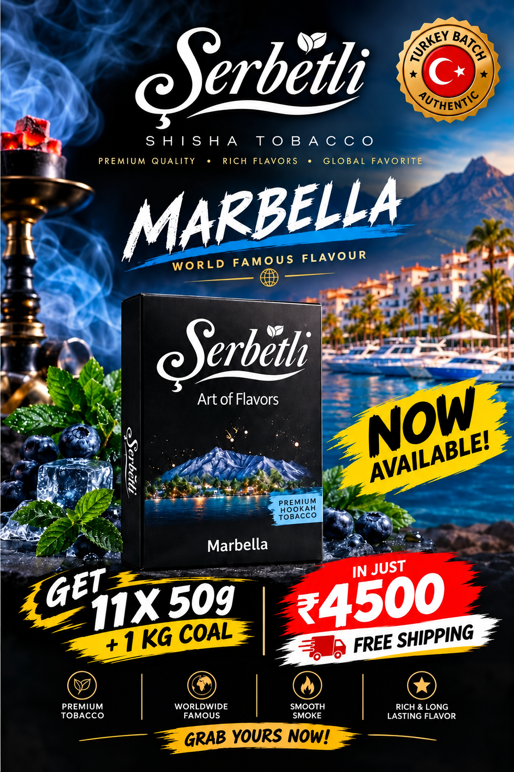 Serbetli Premium Hookah Tobacco – Marbella | 11 × 50g + 1KG Coal