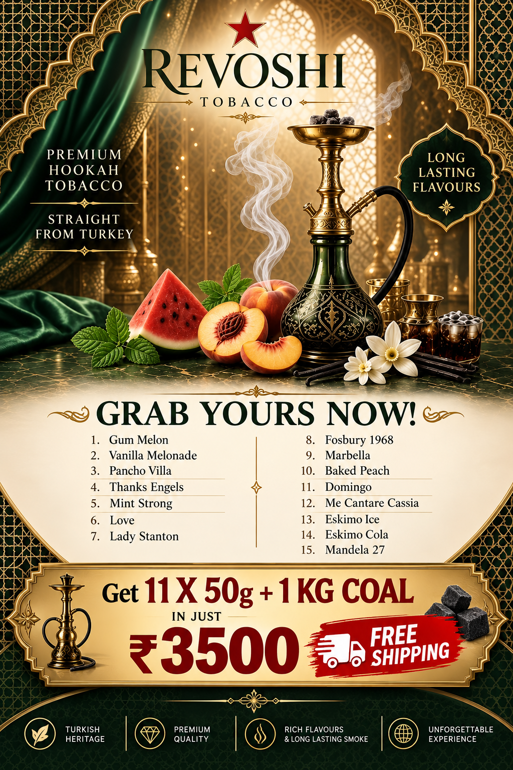 Revoshii Premium Hookah Flavours– 11 × 50g + 1KG Coal Combo