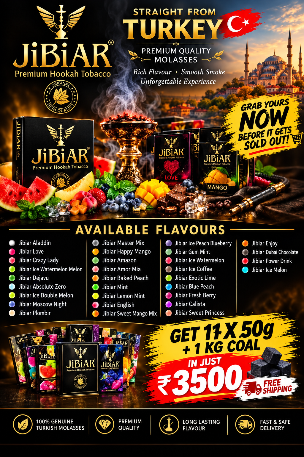 JiBiAR Premium Hookah Flavours – 11 × 50g + 1KG Coal Combo